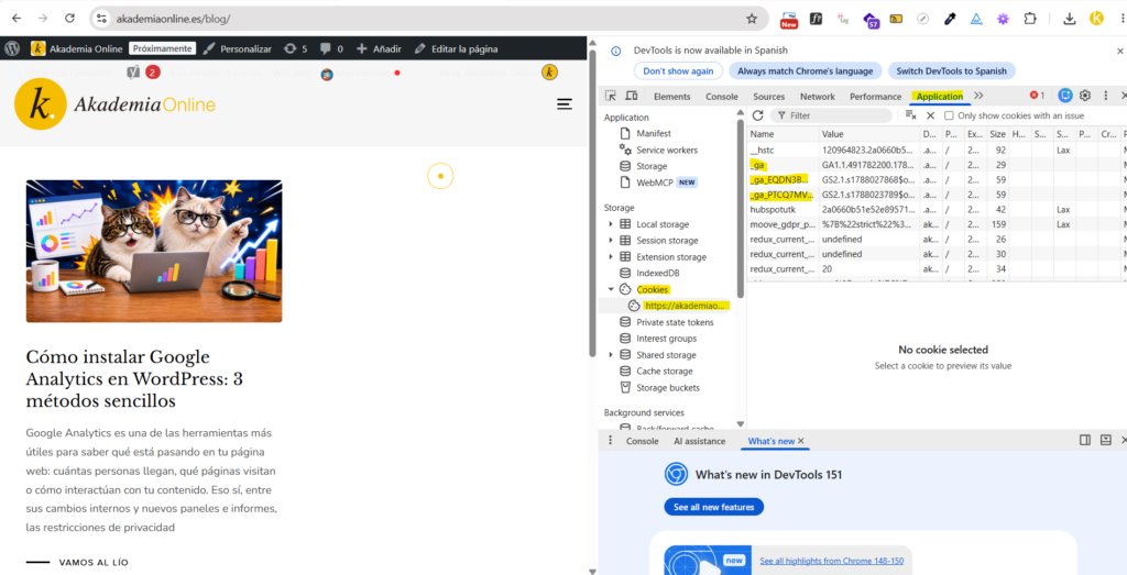 Captura comprobacion en Google Chrome cookies analiticas