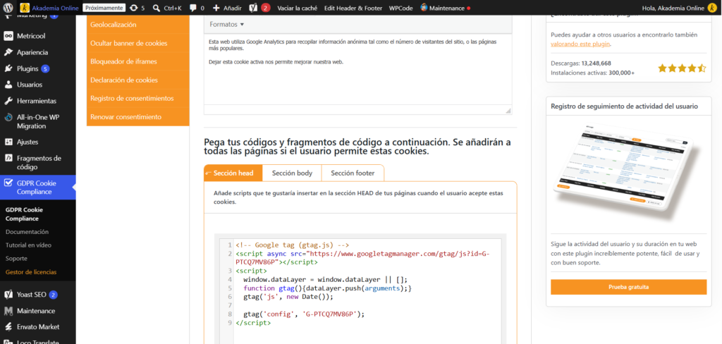 Captura de la configuracion del plugin GDPR Cookie Compliance cookies analiticas