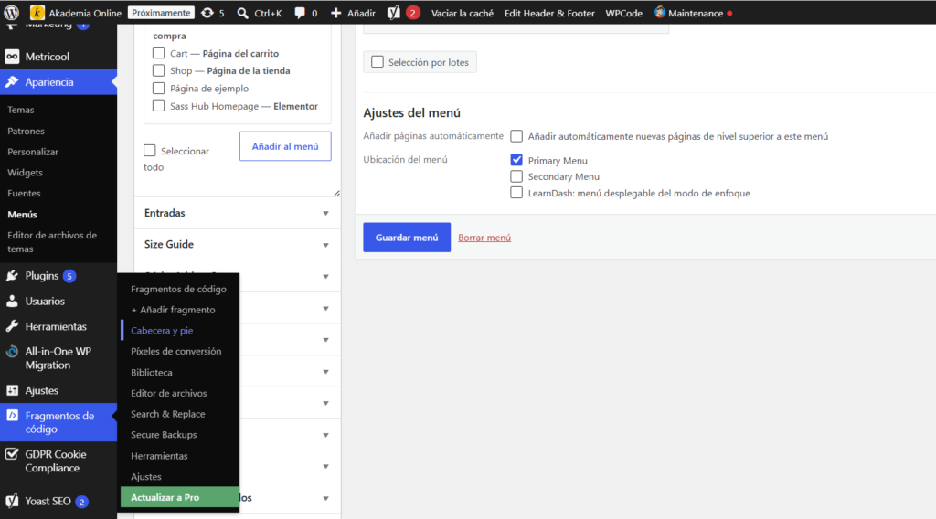 Captura de plugin WP CODE Fragmentos de codigo Cabecera y pie