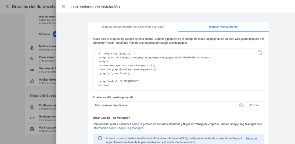Captura pantalla de Etiqueta script Google Analytics
